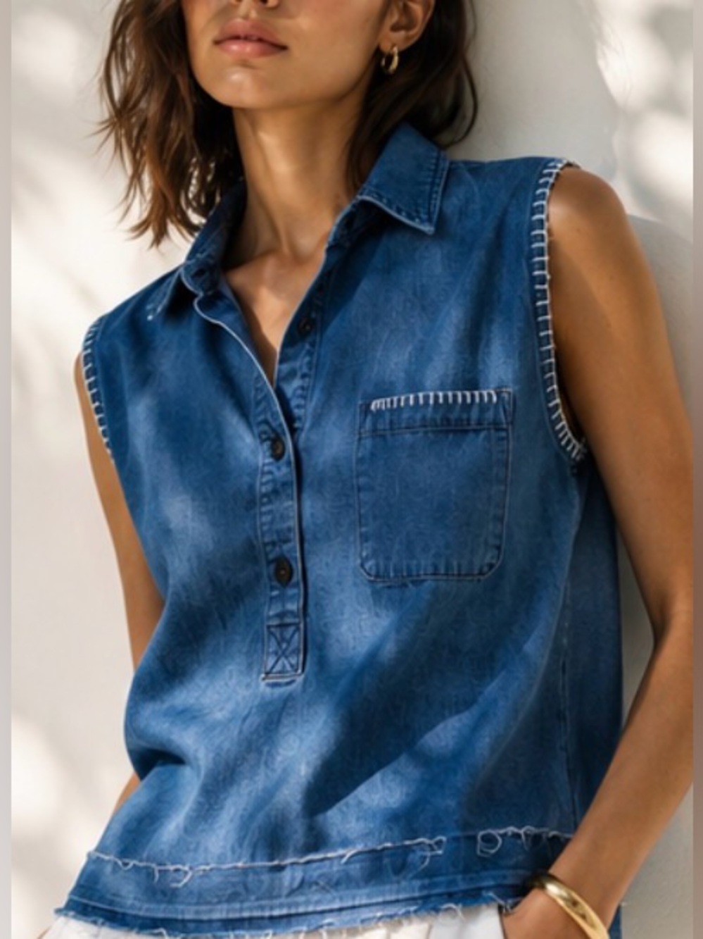 Cotton Denim Sleeveless CropTop, Raw Hem Hand Stitch Boho OOAK Button Down Top M